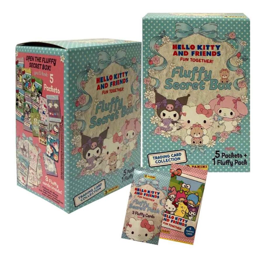 Panini Hello Kitty and Friends Fun Together Fluffy Secret Box mit Packungen auf weissem Hintergrund